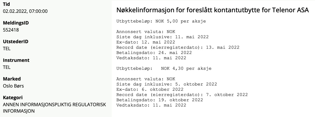 Melding om foreslått utbytte